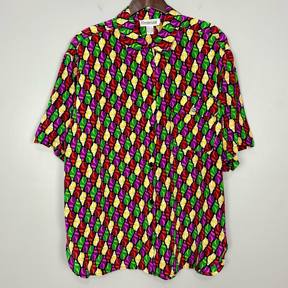 Vintage Silk Shell Print Shirt Women’s Size L Retro 80’s Colorful Vacation Beach
